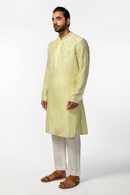 Buy_Kaka Calcutta_Green Bamboo, Cotton, Silk Mirrors Mandarin Collar Kurta And Pyjama Pant Set _Online_at_Aza_Fashions