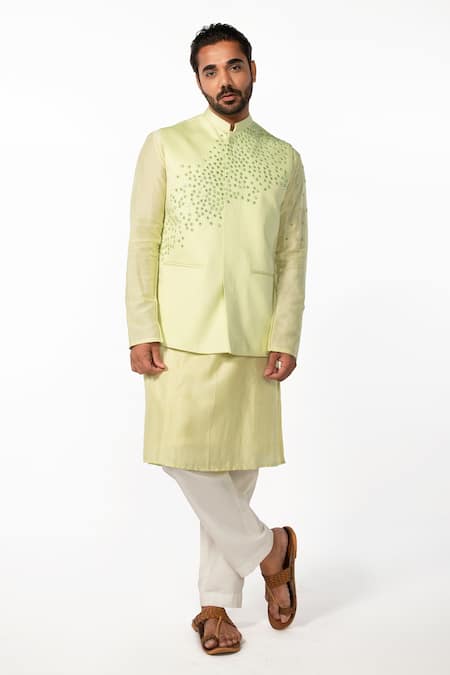 Kaka Calcutta Mint Green Kurta Set With Bundi 
