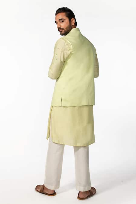 Kaka Calcutta Mint Green Kurta Set With Bundi 