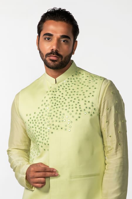 Buy_Kaka Calcutta_Green Bamboo, Cotton, Silk Mirrors Mint Kurta Set With Bundi _Online_at_Aza_Fashions