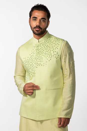 Kaka Calcutta_Green Bamboo Mirrors Embroidered Bundi _Online_at_Aza_Fashions