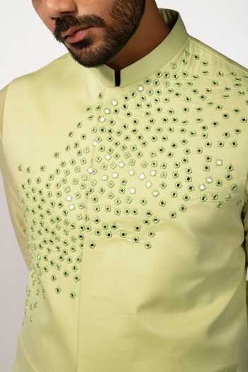 Buy_Kaka Calcutta_Green Bamboo Mirrors Embroidered Bundi _Online_at_Aza_Fashions