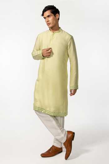 Kaka Calcutta_Green Bamboo, Cotton, Silk Mirrors Hem Embroidered Kurta And Pyjama Pant Set _Online_at_Aza_Fashions
