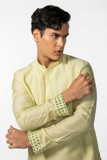 Buy_Kaka Calcutta_Green Bamboo, Cotton, Silk Mirrors Hem Embroidered Kurta And Pyjama Pant Set _Online_at_Aza_Fashions