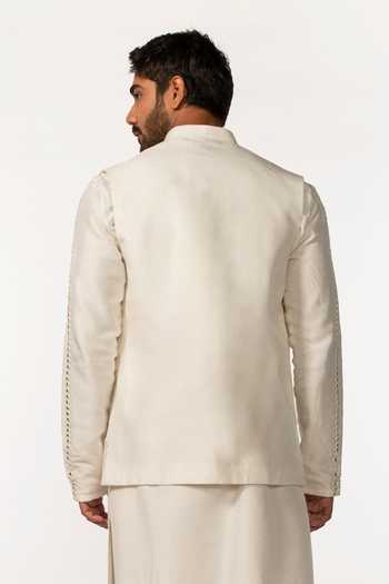 Kaka Calcutta_Ivory Bamboo Mirrors Embroidered Bundi _Online_at_Aza_Fashions