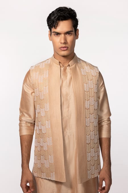 Kaka Calcutta_Gold Bamboo Embroidery Sleeveless Pintuck Bundi _Online_at_Aza_Fashions