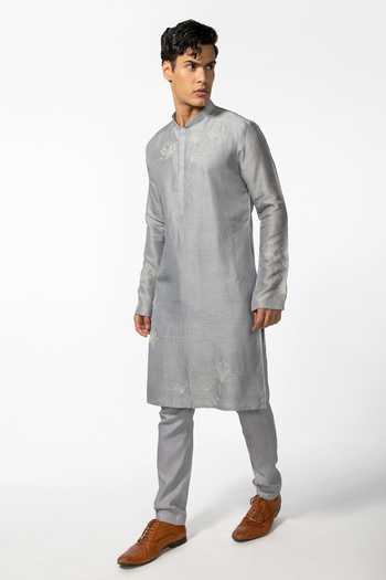 Kaka Calcutta_Grey Bamboo, Cotton, Silk Embroidery Lotus Placement Kurta Set _Online_at_Aza_Fashions