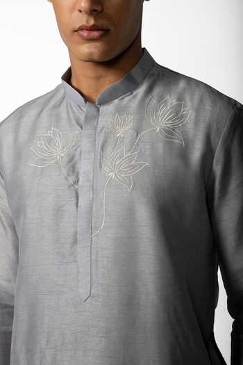 Buy_Kaka Calcutta_Grey Bamboo, Cotton, Silk Embroidery Lotus Placement Kurta Set _Online_at_Aza_Fashions