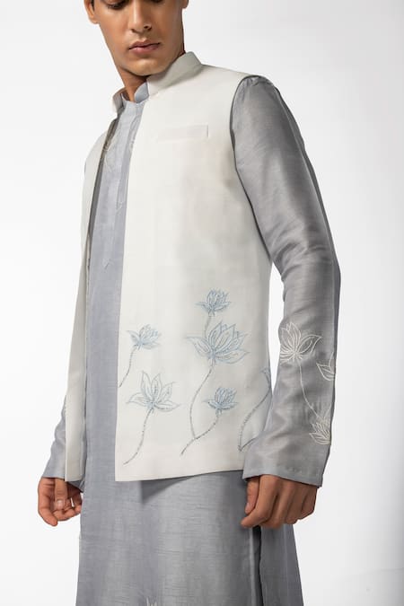 Shop_Kaka Calcutta_Ivory Bamboo Embroidery Floral Bundi _Online_at_Aza_Fashions