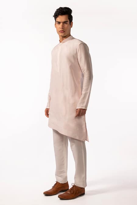 Kaka Calcutta_Pink Kurta Bam Silk Plain Pintuck Set _Online_at_Aza_Fashions