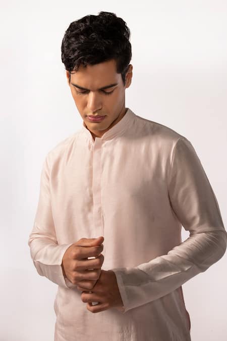 Buy_Kaka Calcutta_Pink Kurta Bam Silk Plain Pintuck Set _Online_at_Aza_Fashions