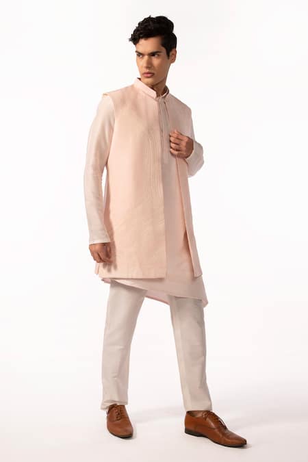 Kaka Calcutta_Pink Bamboo Embroidery Thread Achkan _Online_at_Aza_Fashions