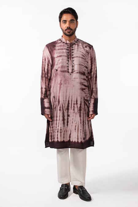 Kaka Calcutta_Brown Bamboo, Silk, Cotton Mirrors Tie Dye Kurta Set _Online_at_Aza_Fashions