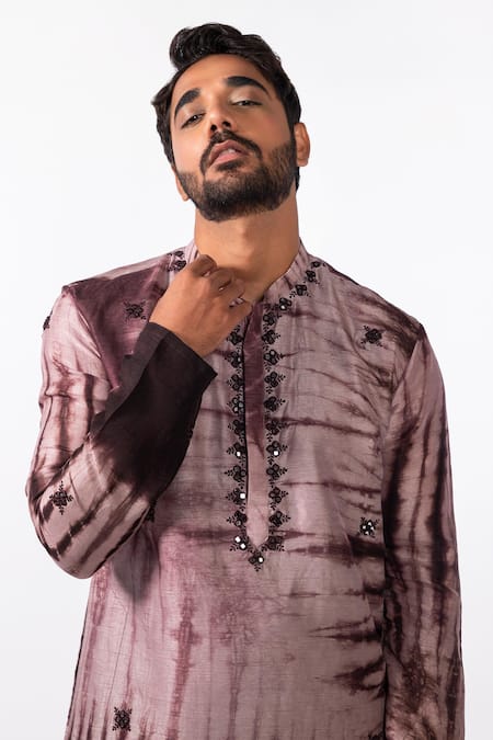 Buy_Kaka Calcutta_Brown Bamboo, Silk, Cotton Mirrors Tie Dye Kurta Set _Online_at_Aza_Fashions