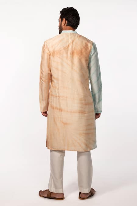 Shop Kaka Calcutta Blue Bamboo, Cotton, Silk Tie Dye Mandarin Collar Kurta Set at Aza Fashions Shop_Kaka Calcutta_Blue Bamboo, Cotton, Silk Tie Dye Mandarin Collar Kurta Set _at_Aza_Fashions