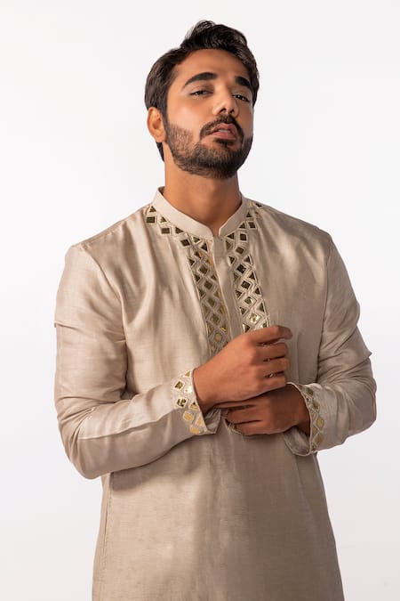 Buy Kaka Calcutta Gold Bamboo, Cotton, Silk Embroidery Ragzin Applique Kurta Set Online at Aza Fashions Buy_Kaka Calcutta_Gold Bamboo, Cotton, Silk Embroidery Ragzin Applique Kurta Set _Online_at_Aza_Fashions