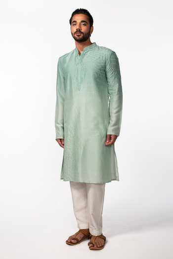 Kaka Calcutta_Green Bamboo, Cotton, Silk Embroidery Twirl Kurta Set _Online_at_Aza_Fashions