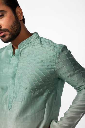 Buy_Kaka Calcutta_Green Bamboo, Cotton, Silk Embroidery Twirl Kurta Set _Online_at_Aza_Fashions
