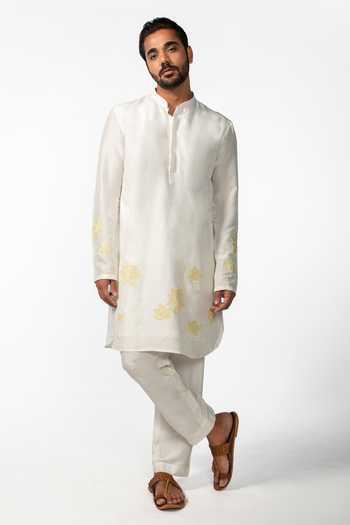 Kaka Calcutta_Ivory Bamboo, Cotton, Silk Embroidery Applique Kurta Set _Online_at_Aza_Fashions