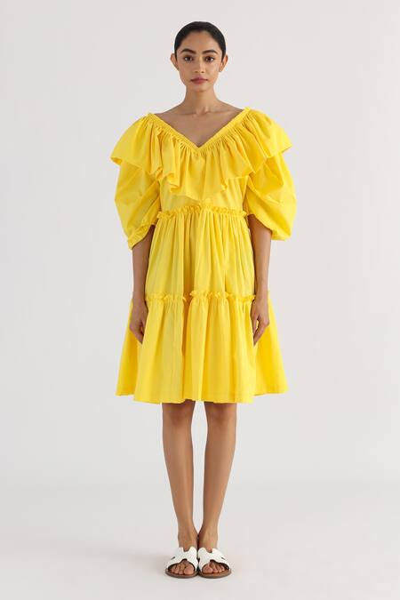 Studio Moda India Yellow Cotton V-neck The Eunoia Frill Dress Online at Aza Fashions Studio Moda India_Yellow Cotton V-neck The Eunoia Frill Dress _Online_at_Aza_Fashions