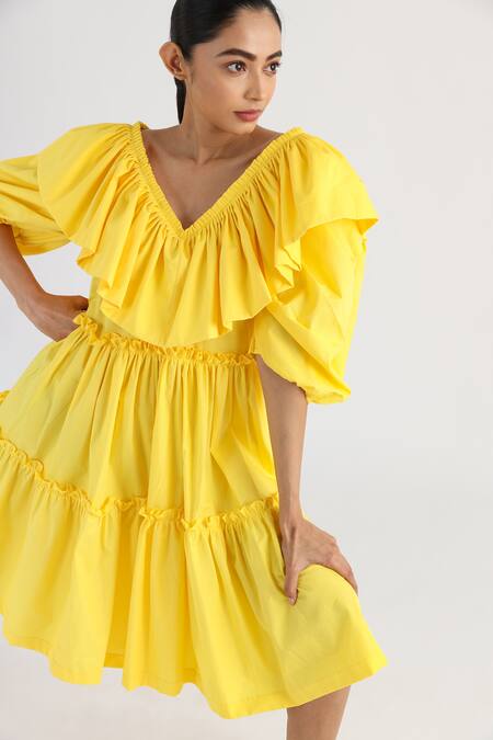 Buy Studio Moda India Yellow Cotton V-neck The Eunoia Frill Dress Online at Aza Fashions Buy_Studio Moda India_Yellow Cotton V-neck The Eunoia Frill Dress _Online_at_Aza_Fashions