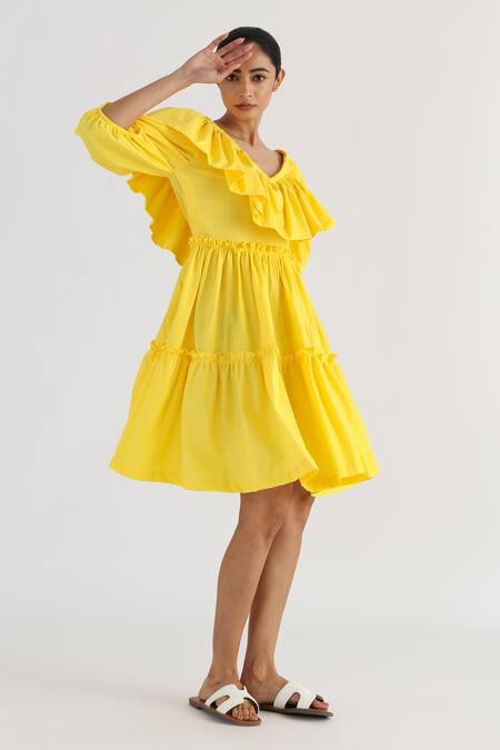 Studio Moda India Yellow Cotton V-neck The Eunoia Frill Dress
