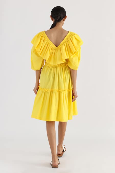 Shop Studio Moda India Yellow Cotton V-neck The Eunoia Frill Dress at Aza Fashions Shop_Studio Moda India_Yellow Cotton V-neck The Eunoia Frill Dress _at_Aza_Fashions