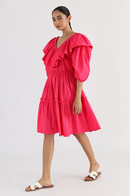 Studio Moda India Pink Cotton Ruffles V-neck The Eunoia Puff Sleeve Dress Online at Aza Fashions Studio Moda India_Pink Cotton Ruffles V-neck The Eunoia Puff Sleeve Dress _Online_at_Aza_Fashions