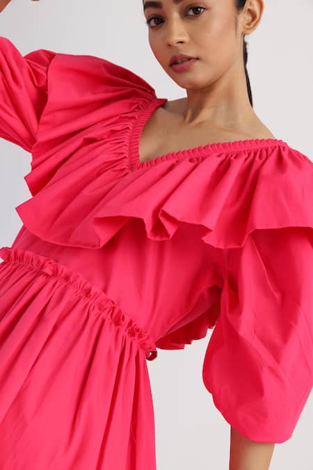 Buy Studio Moda India Pink Cotton Ruffles V-neck The Eunoia Puff Sleeve Dress Online at Aza Fashions Buy_Studio Moda India_Pink Cotton Ruffles V-neck The Eunoia Puff Sleeve Dress _Online_at_Aza_Fashions