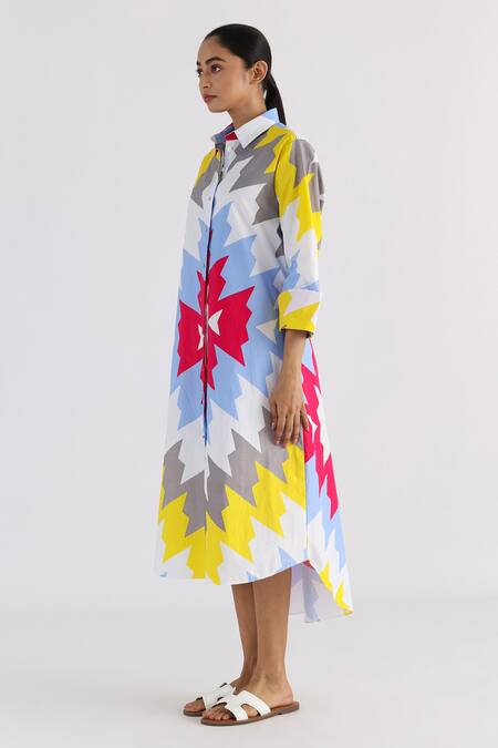 Studio Moda India_White Cotton Shawl Neck The Eunoia Summer Printed Dress_Online_at_Aza_Fashions