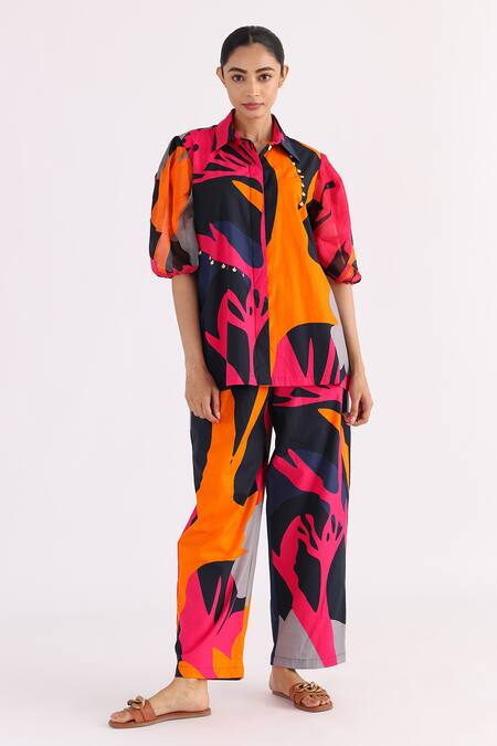 Studio Moda India_Black Cotton Tassels Shawl Neck The Eunoia Summer Printed Shirt_Online_at_Aza_Fashions