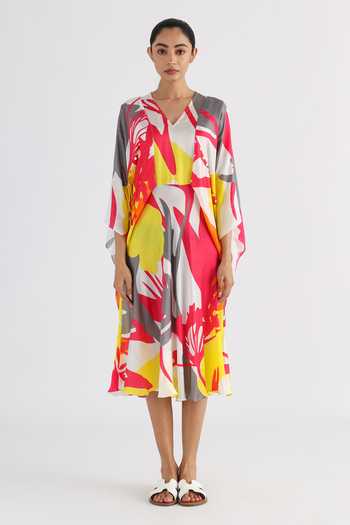 Studio Moda India_White Tassels V-neck The Butterfly Beach Printed Dress_Online_at_Aza_Fashions