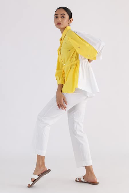 Studio Moda India Yellow Cotton Tassels Shawl Neck Colorblock Shirt Online at Aza Fashions Studio Moda India_Yellow Cotton Tassels Shawl Neck Colorblock Shirt _Online_at_Aza_Fashions