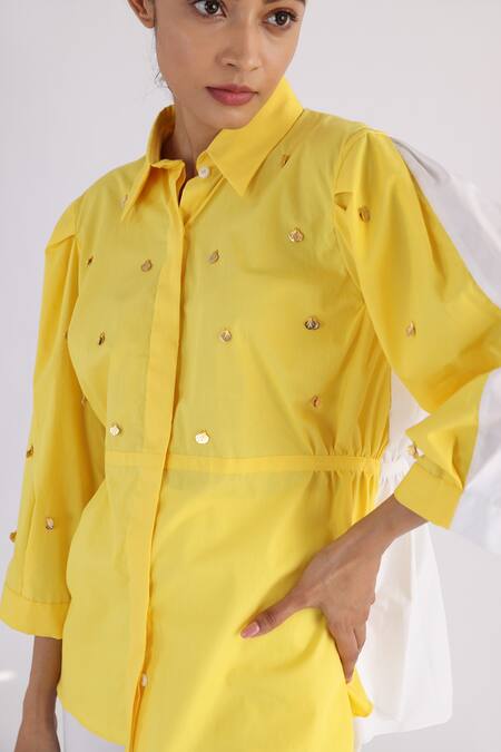 Buy Studio Moda India Yellow Cotton Tassels Shawl Neck Colorblock Shirt Online at Aza Fashions Buy_Studio Moda India_Yellow Cotton Tassels Shawl Neck Colorblock Shirt _Online_at_Aza_Fashions