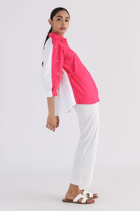 Studio Moda India Pink Cotton Tassels Shawl Neck Colorblock Shirt Online at Aza Fashions Studio Moda India_Pink Cotton Tassels Shawl Neck Colorblock Shirt _Online_at_Aza_Fashions