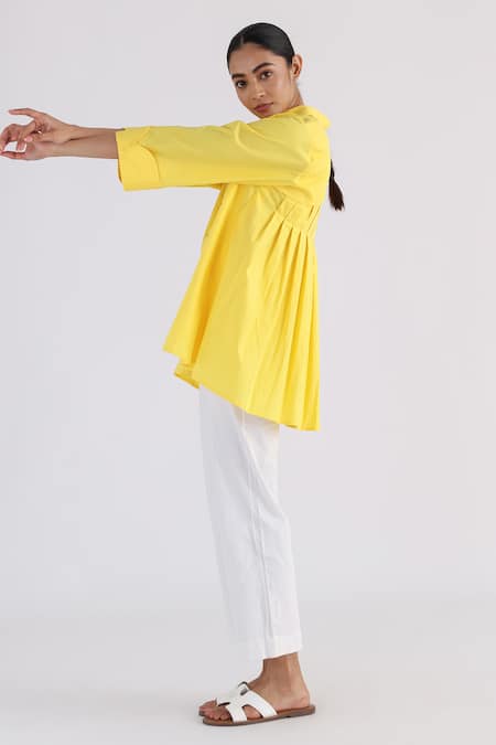 Studio Moda India Yellow Cotton Collared Back Pleated Shirt Online at Aza Fashions Studio Moda India_Yellow Cotton Collared Back Pleated Shirt _Online_at_Aza_Fashions