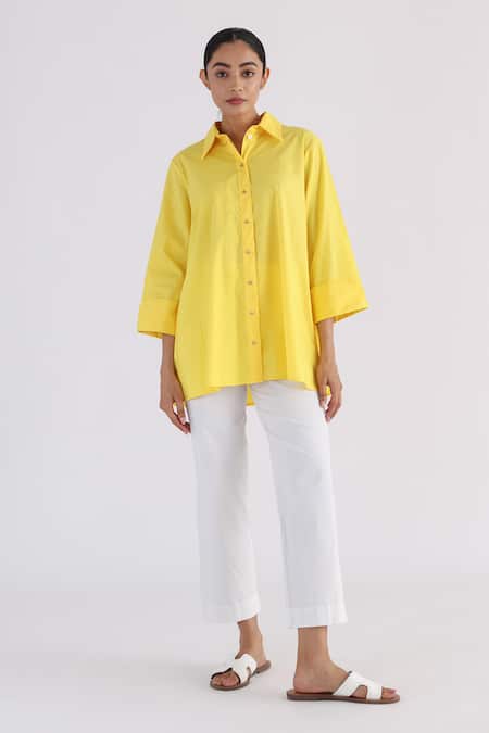 Studio Moda India Yellow Cotton Collared Back Pleated Shirt