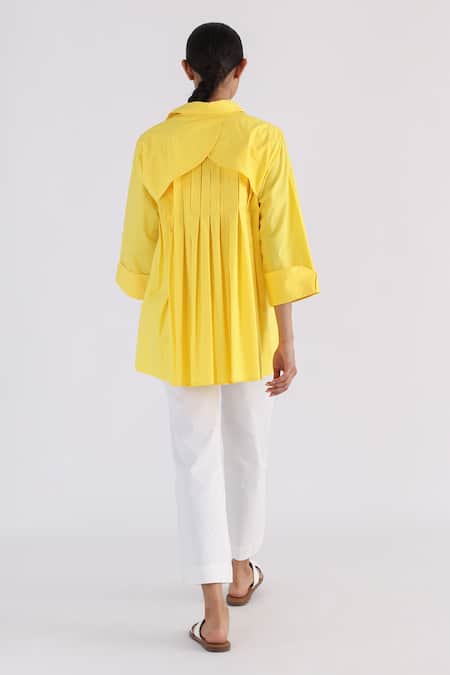 Shop Studio Moda India Yellow Cotton Collared Back Pleated Shirt at Aza Fashions Shop_Studio Moda India_Yellow Cotton Collared Back Pleated Shirt _at_Aza_Fashions