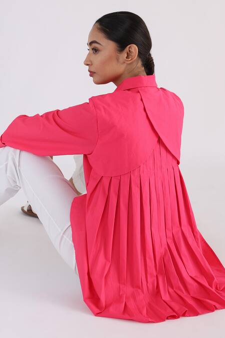 Buy Studio Moda India Pink Cotton Collared Back Pleated Shirt Online at Aza Fashions Buy_Studio Moda India_Pink Cotton Collared Back Pleated Shirt _Online_at_Aza_Fashions