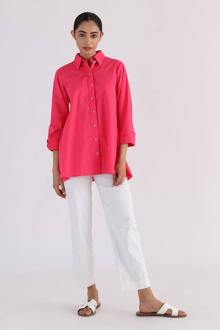 Studio Moda India Pink Cotton Collared Back Pleated Shirt