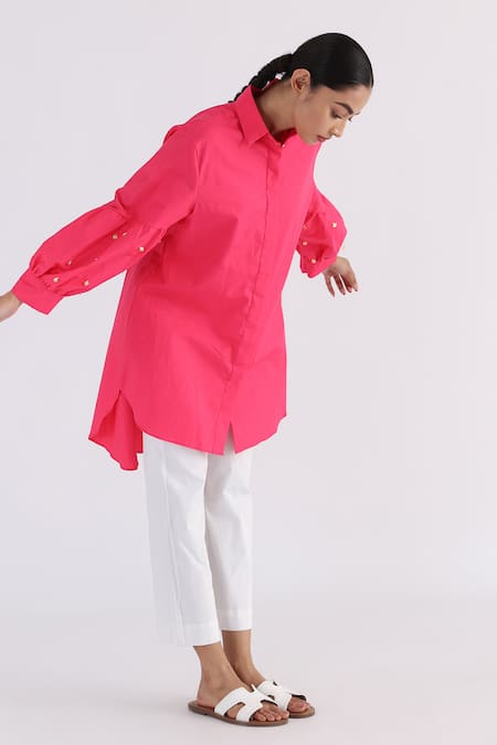 Studio Moda India Pink Cotton Tassels Shawl Neck The Day Box Cuff Sleeve Shirt Online at Aza Fashions Studio Moda India_Pink Cotton Tassels Shawl Neck The Day Box Cuff Sleeve Shirt _Online_at_Aza_Fashions