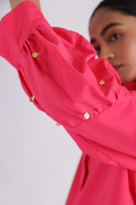 Buy Studio Moda India Pink Cotton Tassels Shawl Neck The Day Box Cuff Sleeve Shirt Online at Aza Fashions Buy_Studio Moda India_Pink Cotton Tassels Shawl Neck The Day Box Cuff Sleeve Shirt _Online_at_Aza_Fashions