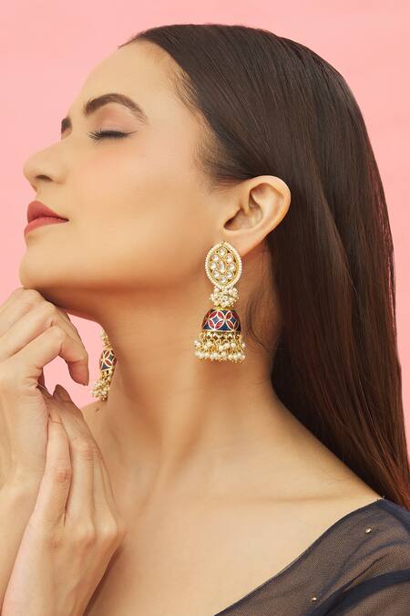 Buy_Kista_Red Meenakari Work, Stones And Pearl Embellished Jhumkas