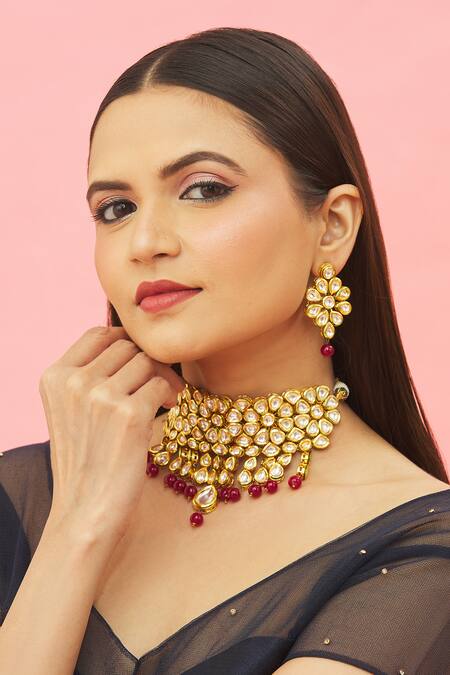 Buy_Kista_Gold Plated Pearl, Polki, Bead Embellished Choker Set