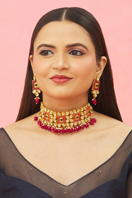 Buy_Kista_Gold Plated Pearl, Polki, Bead Drops Choker Set