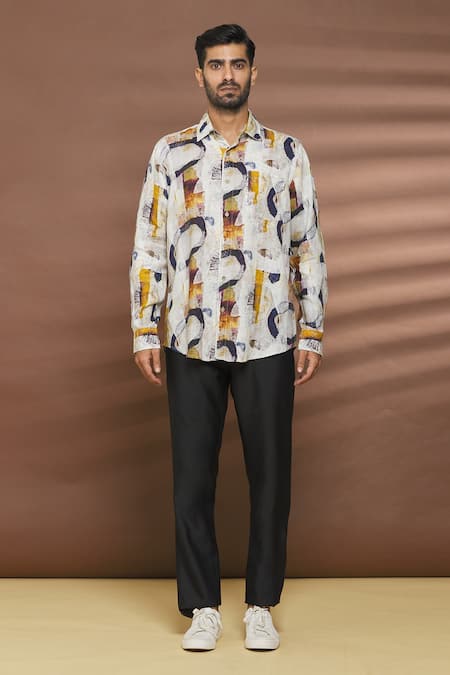 Linen Bloom Multi Color 100% Linen Oval Print Shirt Online at Aza Fashions Linen Bloom_Multi Color 100% Linen Oval Print Shirt _Online_at_Aza_Fashions