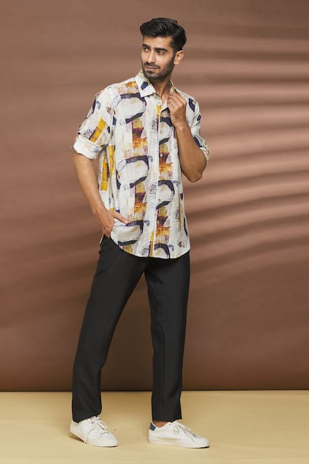 Shop Linen Bloom Multi Color 100% Linen Oval Print Shirt Online at Aza Fashions Shop_Linen Bloom_Multi Color 100% Linen Oval Print Shirt _Online_at_Aza_Fashions