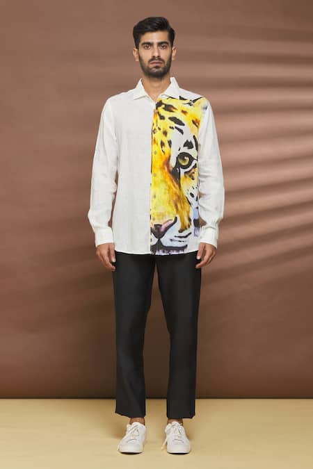 Linen Bloom_White 100% Linen Tiger Print Shirt _Online_at_Aza_Fashions