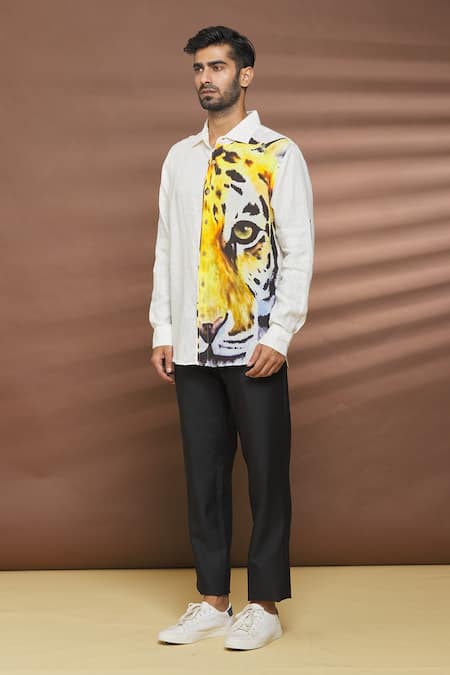 Buy_Linen Bloom_White 100% Linen Tiger Print Shirt _Online_at_Aza_Fashions