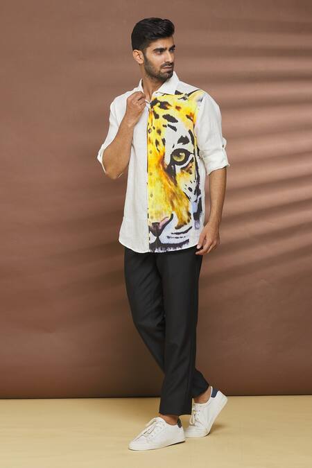 Shop_Linen Bloom_White 100% Linen Tiger Print Shirt _Online_at_Aza_Fashions